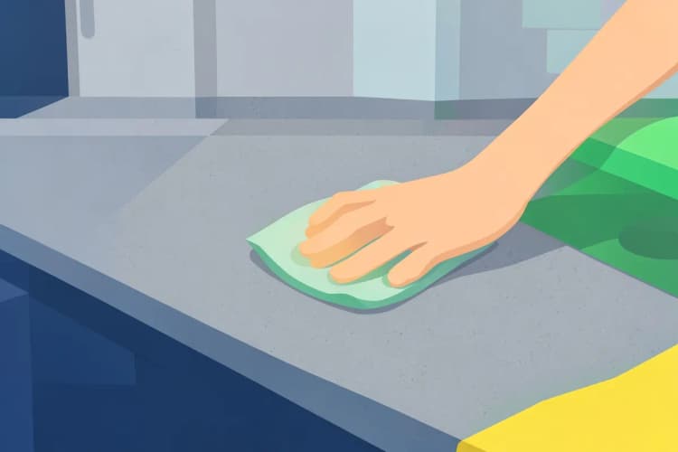 A person wiping down a grey speckled kitchen worktop with a cloth.