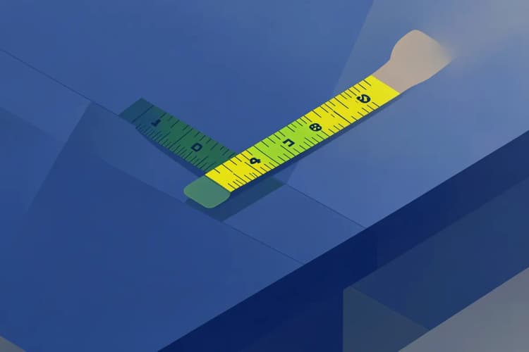 Measuring tape laid out on a corner worktop to show dimensions.