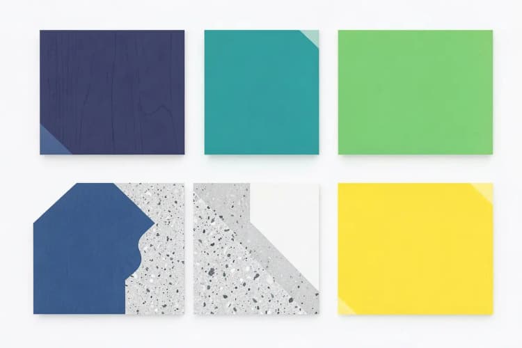A variety of corner worktop material samples, including wood, quartz, and laminate.