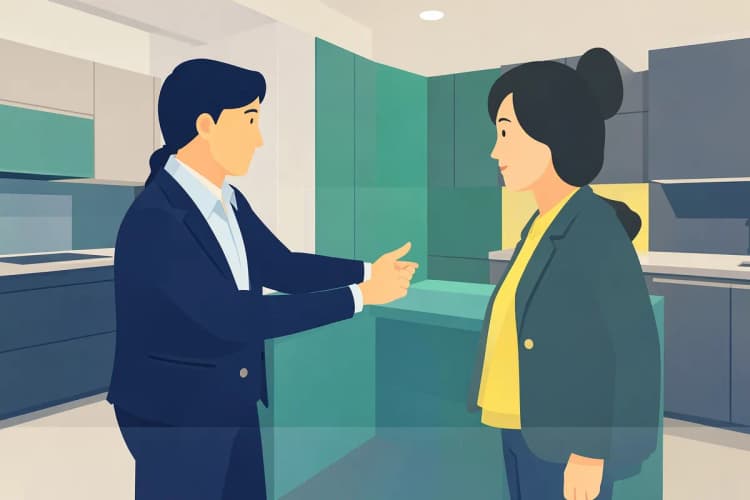 A professional consultant discussing worktop options with a client in a showroom.