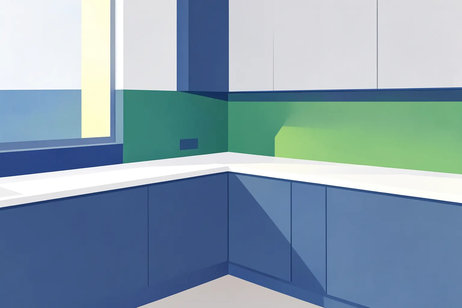 A modern kitchen with a sleek, white L-shaped corner worktop as the central feature.