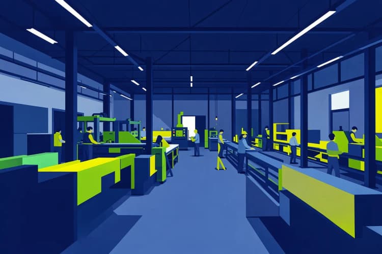 Machinery and workers in a factory setting during the quartz countertop manufacturing process.