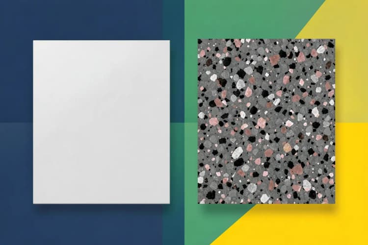 A side-by-side comparison of quartz and granite countertop samples.