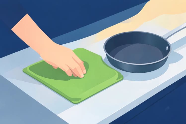 A person placing a trivet on a quartz countertop before setting down a hot pan.