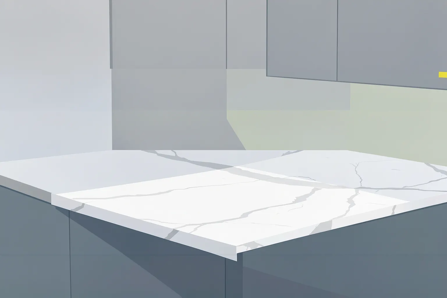 A white quartz countertop with subtle grey veining, shown in a modern kitchen setting.
