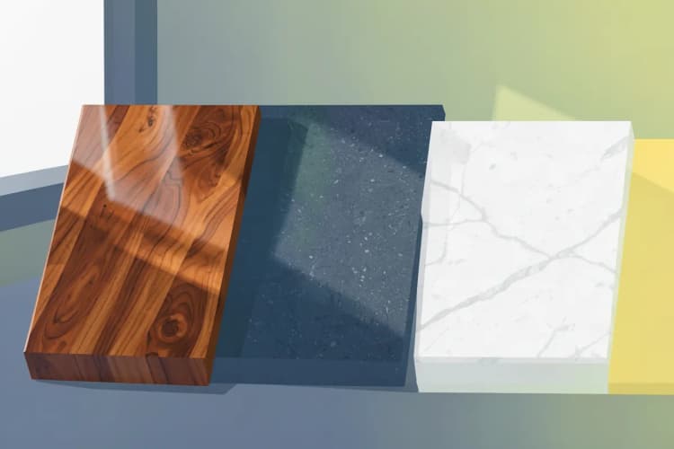 A selection of different affordable kitchen worktop materials like laminate and butcher block.