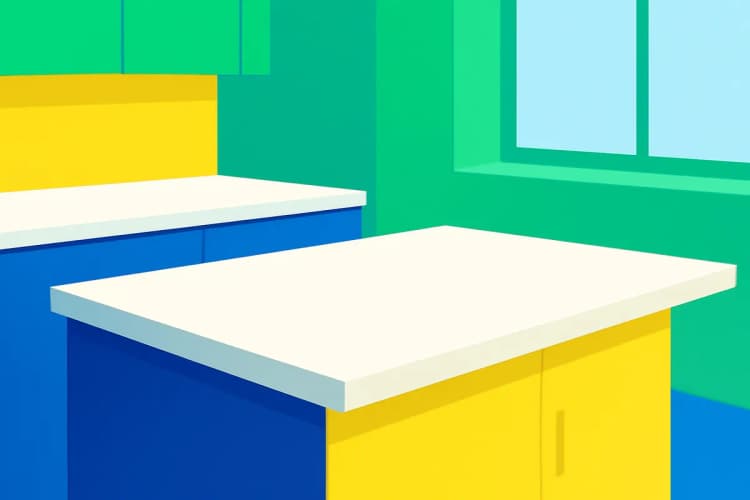 A sleek, modern kitchen island with a white quartz countertop.