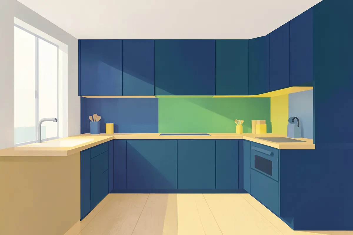 A minimalist kitchen with a light wood-effect worktop.