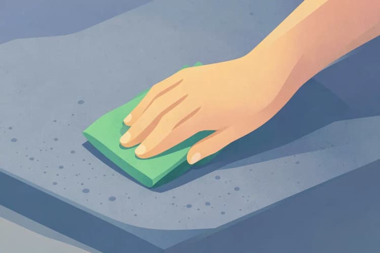Someone cleaning a kitchen worktop with a damp cloth.