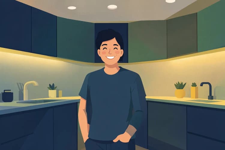 A person smiling in a newly renovated kitchen with affordable worktops.