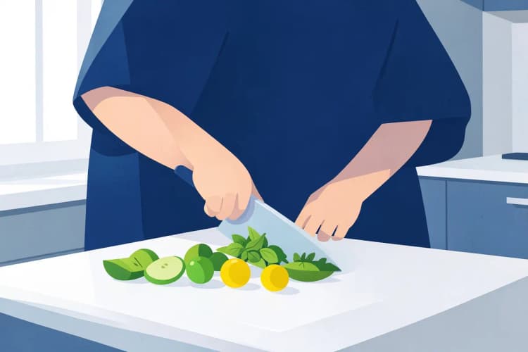 A chef preparing food on a durable white quartz worktop in a bright, contemporary kitchen.