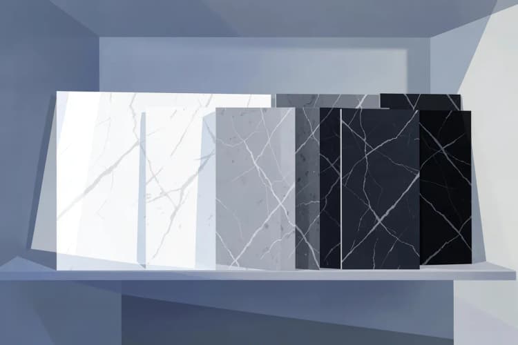 A selection of quartz countertop samples in various colors and patterns, displayed in a showroom.