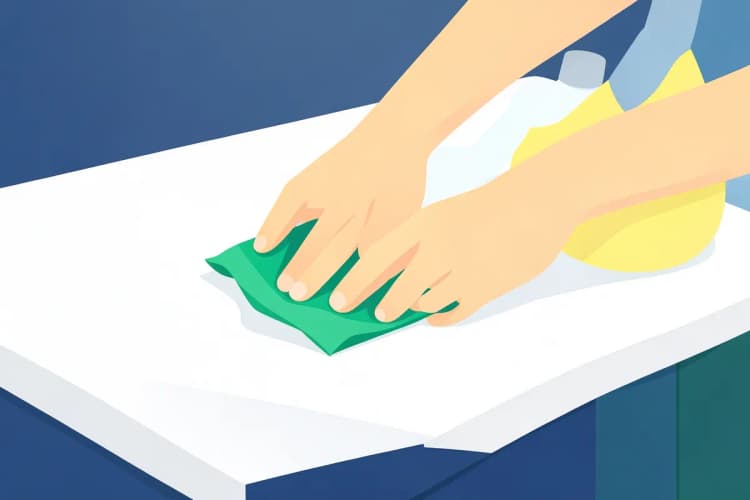 A person wiping down a quartz kitchen worktop with a damp cloth and mild soap.