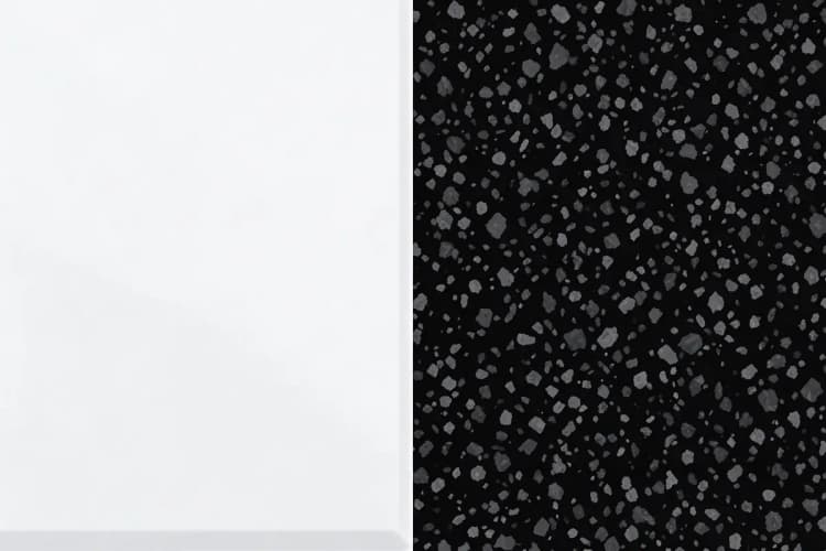 A comparison of quartz and granite kitchen countertops, highlighting their different textures and patterns.