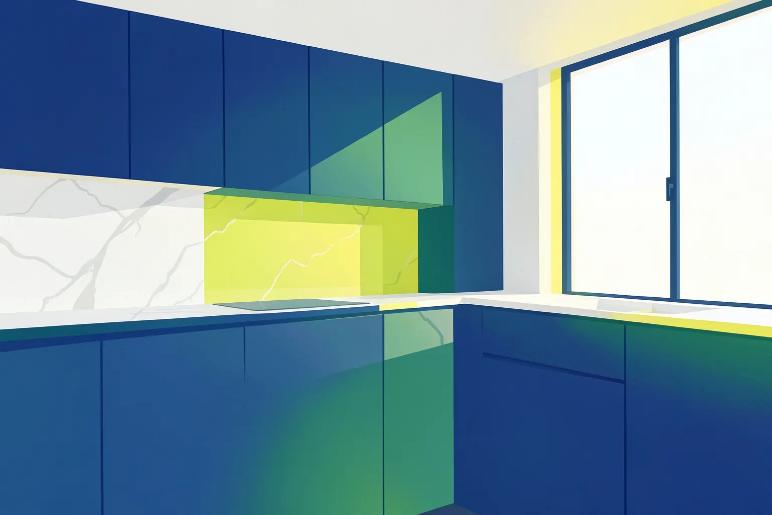 A modern kitchen with sleek white quartz worktops and integrated sink, showcasing a clean and minimalist design.