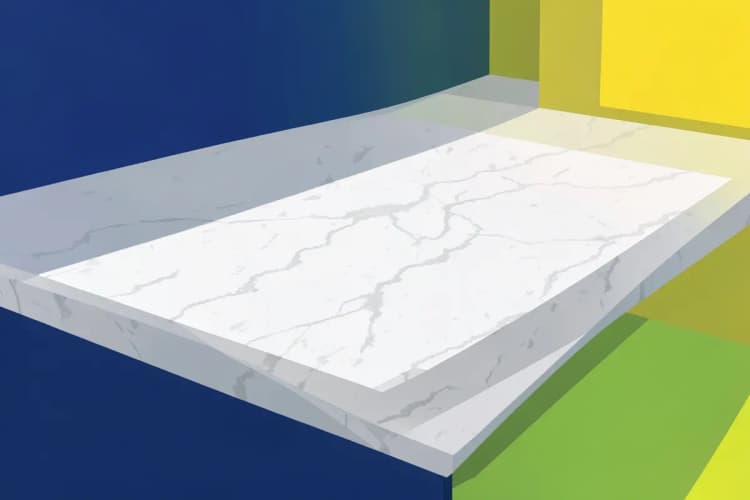 Close-up of a white quartz kitchen countertop with subtle veining.