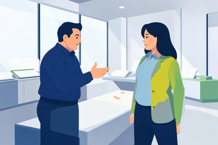 A kitchen designer discussing countertop options with a client.