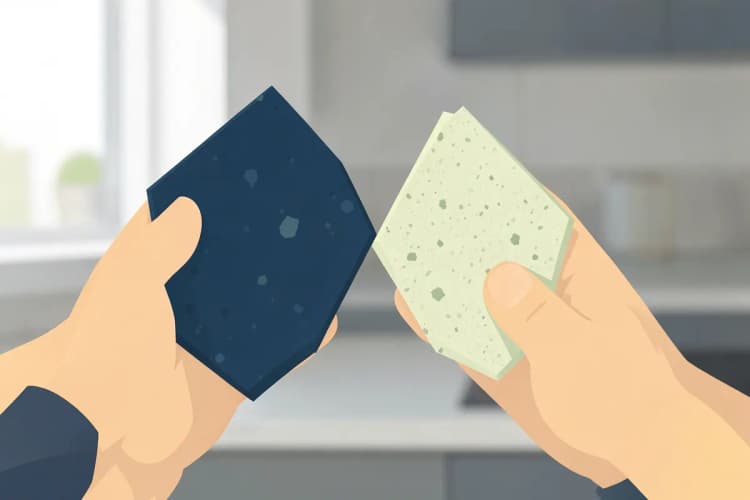 A person comparing different kitchen worktop samples.