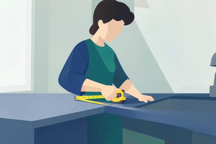A person carefully measuring the dimensions of a kitchen counter space.