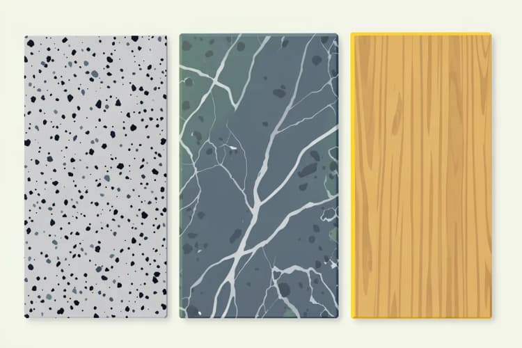 A variety of kitchen worktop materials including granite, quartz, and wood.