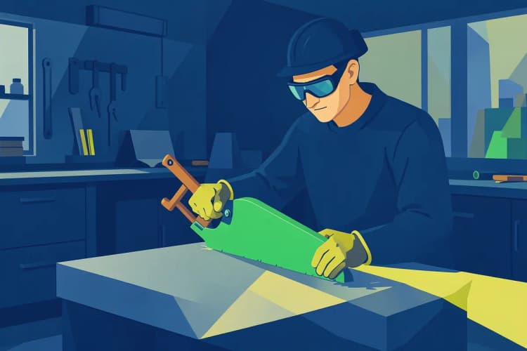 A craftsman carefully cutting a granite worktop to size.