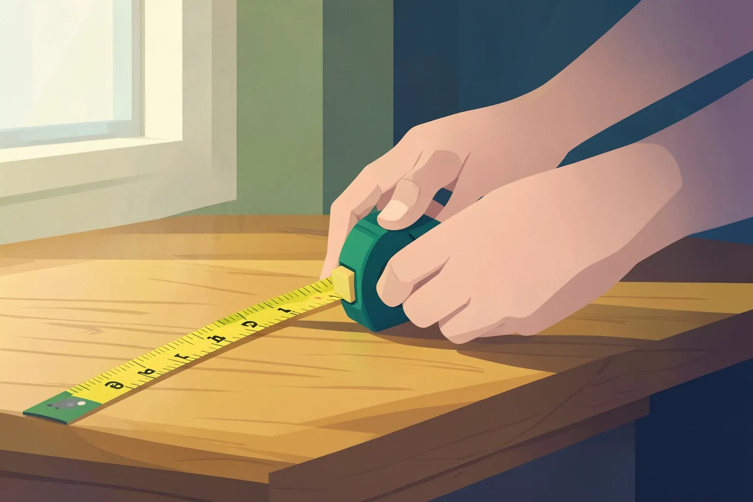 A person measuring a kitchen worktop with a tape measure.
