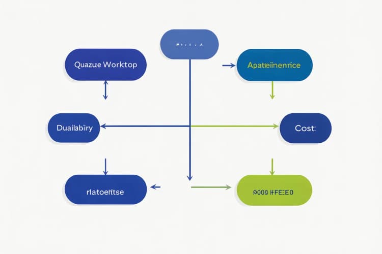 A decision tree or flowchart graphic comparing quartz and granite worktops for kitchen use.