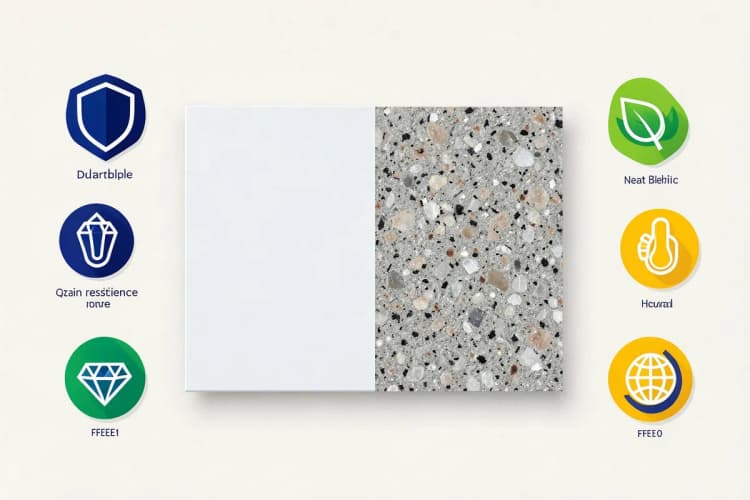 A graphic illustrating the benefits and features of quartz and granite worktops.
